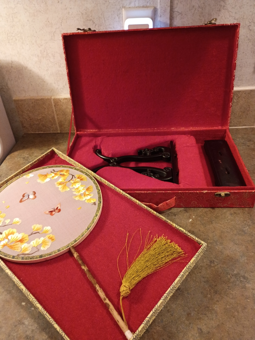 Vintage Handheld Floral Embroidered Fan with Red Presentation Case